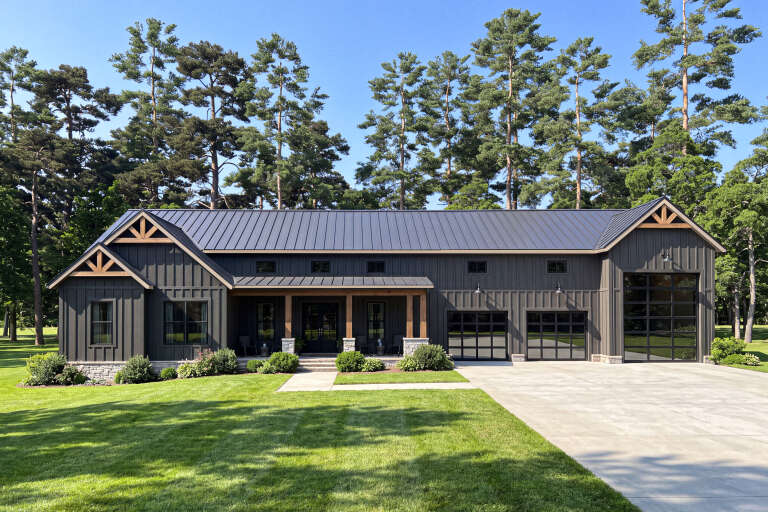 Charcoal Barndominium, Front Elevation, board-and-batten siding, stone base, metal roof, glass garage doors, wood beams. House Plan # 009-00528 Digital Rendering by America's Best House Plans, Inc.