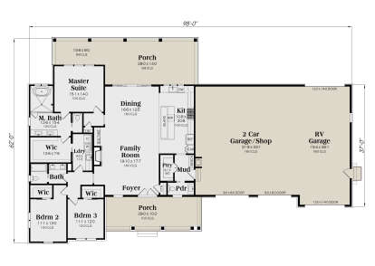 Main Floor: 3BR, 2.5BA, Kitchen, Dining, Family, Foyer, Ldry, Mud, Ptry, 3-car/RV Garage, 2 Porches, 3 WIC, 16' ceilings. House Plan # 009-00528 Main Floor  Floor Plan Drawing by America's Best House Plans, Inc.