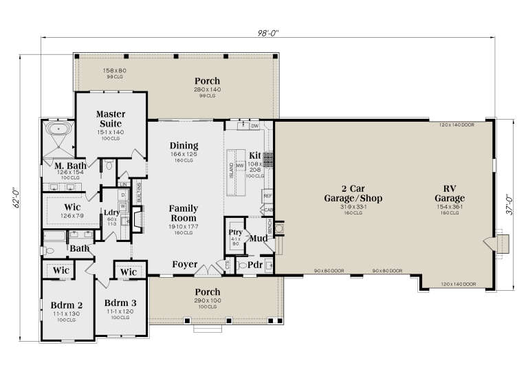 Main Floor: 3BR, 2.5BA, Kitchen, Dining, Family, Foyer, Ldry, Mud, Ptry, 3-car/RV Garage, 2 Porches, 3 WIC, 16' ceilings. House Plan # 009-00528 Main Floor  Floor Plan Drawing by America's Best House Plans, Inc.