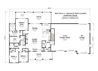 Main Floor w/ Basement Stairs: 3BR, 2.5BA, Foyer, Family, Dining, Kitchen, Pantry, Mud, Ldry, 3 WICs, 2-car/RV Garage, 2 Porch. House Plan # 009-00528 Main Floor w/ Basement Stairs Location Floor Plan Drawing by America's Best House Plans, Inc.
