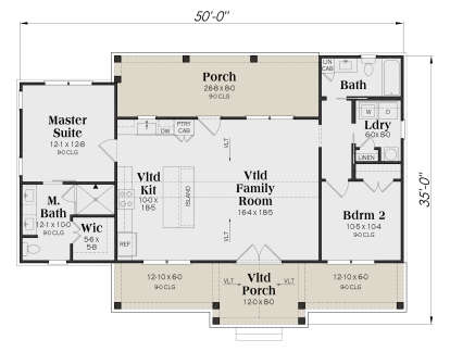 Main Floor: 2BR, 2BA, Vltd Kit, Vltd Family, Ldry, WIC, 2 Porches. Vltd ceilings. Unheated: porches. House Plan # 009-00529 Main Floor  Floor Plan Drawing by America's Best House Plans, Inc.