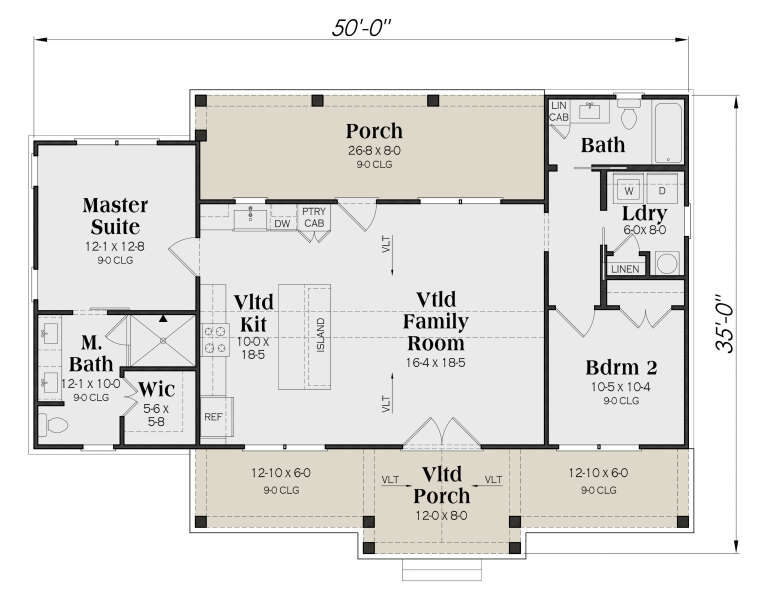 Main Floor: 2BR, 2BA, Vltd Kit, Vltd Family, Ldry, WIC, 2 Porches. Vltd ceilings. Unheated: porches. House Plan # 009-00529 Main Floor  Floor Plan Drawing by America's Best House Plans, Inc.