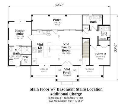 Main Floor w/ Basement Stairs: 2BR, 2BA, Vltd Kit & Family, Ldry, WIC, 2 Porches. Vltd ceilings. Unheated: porches. House Plan # 009-00529 Main Floor w/ Basement Stairs Location Floor Plan Drawing by America's Best House Plans, Inc.