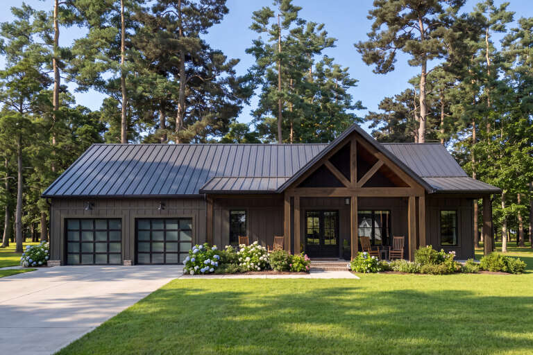 Dark Brown Modern Farmhouse, Front Elevation, metal roof, board-and-batten siding, timber porch, glass garage doors. House Plan # 009-00530 Digital Rendering by America's Best House Plans, Inc.