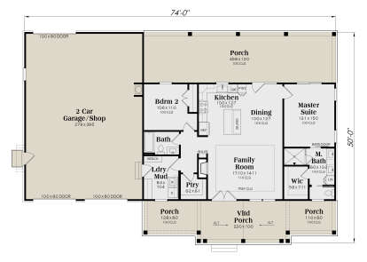 Main Floor: 2BR, 2BA, Kitchen, Dining, Family, Ldry/Mud, Pantry, 2-car Garage/Shop, 3 Porches. Tray ceiling, WIC, 10' clgs. House Plan # 009-00530 Main Floor  Floor Plan Drawing by America's Best House Plans, Inc.
