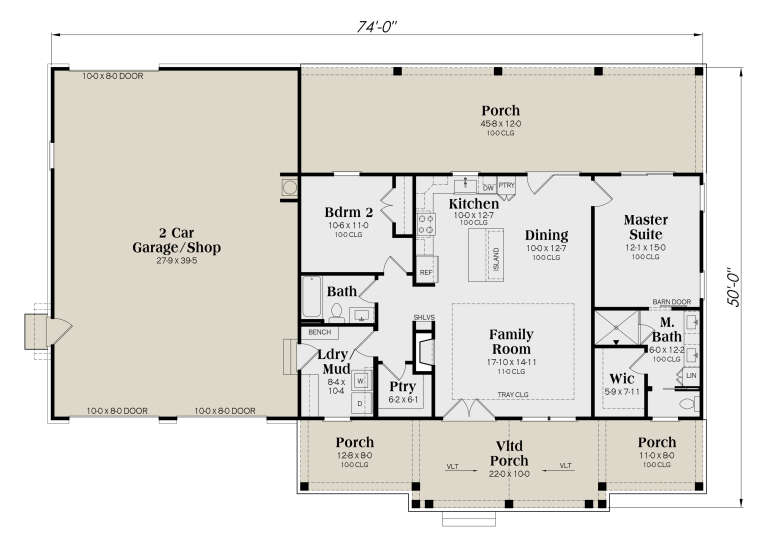 Main Floor: 2BR, 2BA, Kitchen, Dining, Family, Ldry/Mud, Pantry, 2-car Garage/Shop, 3 Porches. Tray ceiling, WIC, 10' clgs. House Plan # 009-00530 Main Floor  Floor Plan Drawing by America's Best House Plans, Inc.