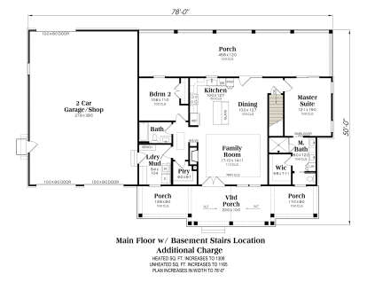 Main Floor w/ Basement Stairs: 2BR, 2BA, Kitchen, Dining, Tray Family, Ldry/Mud, Pantry, 2-car Garage, 3 Porches (1 Vltd). House Plan # 009-00530 Main Floor w/ Basement Stairs Location Floor Plan Drawing by America's Best House Plans, Inc.