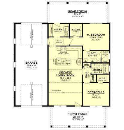 Main Floor: 2BR, 2BA, Kitchen/Living, Mud Rm, 2-car garage, 2 porches. WIC, pantry, linen closet. 14' clg in living area. House Plan # 041-00451 Main Floor  Floor Plan Drawing by America's Best House Plans, Inc.