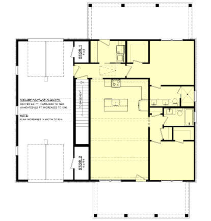 Main Floor w/ Basement Stairs: 2BR, 2BA, Kitchen, Living, Ldry, 2 Storage rooms, 2-car garage, front/rear porches. House Plan # 041-00451 Main Floor w/ Basement Stairs Location Floor Plan Drawing by America's Best House Plans, Inc.