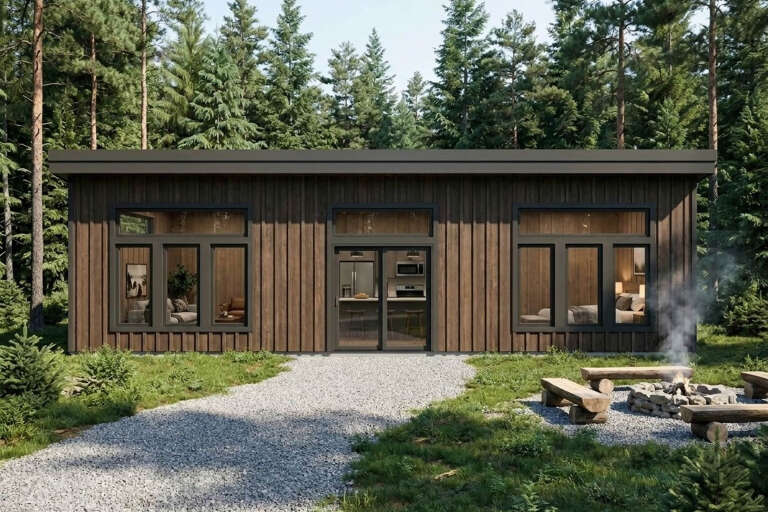 Brown Cabin, Front Elevation, vertical wood siding, flat roof, large black-framed windows, gravel path, and fire pit. House Plan # 402-01925 Digital Rendering by America's Best House Plans, Inc.