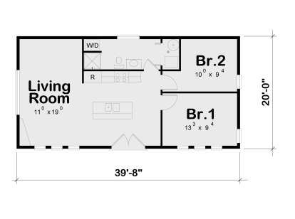 Main Floor: 2BR, 1BA, open Living Room, Kitchen with island, Ldry closet. House Plan # 402-01925 Main Floor  Floor Plan Drawing by America's Best House Plans, Inc.