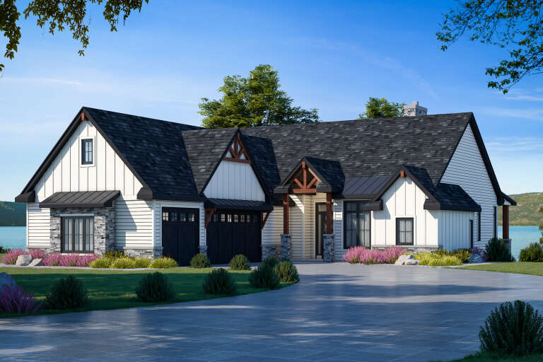 White Craftsman, Angled Front Elevation, board-and-batten siding, stone accents, timber trusses, and manicured landscaping. House Plan # 402-01926 Digital Rendering by America's Best House Plans, Inc.