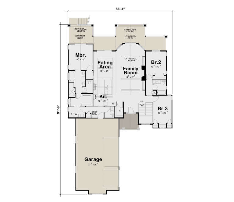 Main Floor: 3BR, 2BA, Kitchen, Eating Area, Family Room, Ldry, Drop Zone, 2 Covered Decks, Stairs, 3-car Garage. Cathedrals. House Plan # 402-01926 Main Floor  Floor Plan Drawing by America's Best House Plans, Inc.