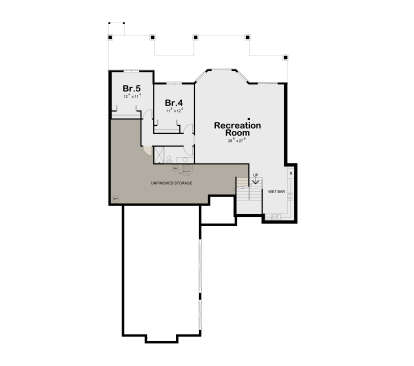 Basement: 2BR, 1BA, Recreation Room, Wet Bar, Stairs. Unheated: Unfinished Storage. House Plan # 402-01926 Basement Floor Plan Drawing by America's Best House Plans, Inc.