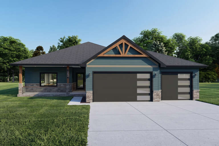 Teal Craftsman, Front Elevation with stone base, horizontal siding, timber gable accents, and modern garage doors. House Plan # 7140-00004 Digital Rendering by America's Best House Plans, Inc.