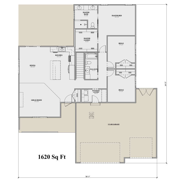Main Floor: 3BR, 2BA, Great Room, Kitchen, Dining, Ldry/Mud, 3-car garage, WIC, stairs. Unheated: garage, porch. House Plan # 7140-00004 Main Floor  Floor Plan Drawing by America's Best House Plans, Inc.