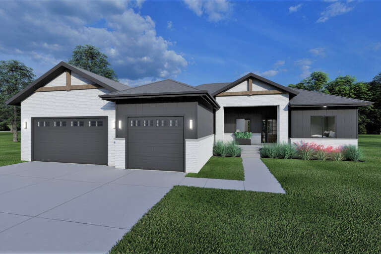 White and Charcoal Contemporary, Angled Front Elevation, brick and vertical siding, wall sconces, and landscaped yard. House Plan # 7140-00005 Digital Rendering by America's Best House Plans, Inc.