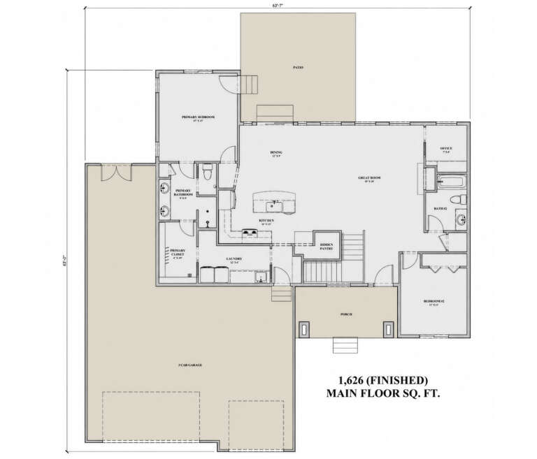 Main Floor: 2BR, 2BA, Great Rm, Kitchen, Dining, Office, Ldry, Hidden Pantry, 3-car garage, Porch, Patio, WIC, Stairs. House Plan # 7140-00005 Main Floor  Floor Plan Drawing by America's Best House Plans, Inc.