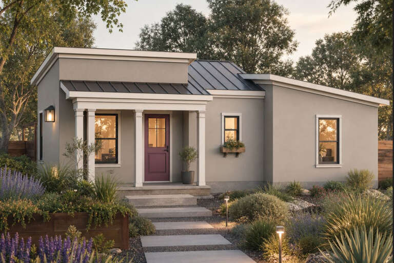 Grey Contemporary, Angled Front Elevation, stucco siding, metal roof, purple door, porch columns, lit path, landscaping. House Plan # 8292-00051 Digital Rendering by America's Best House Plans, Inc.