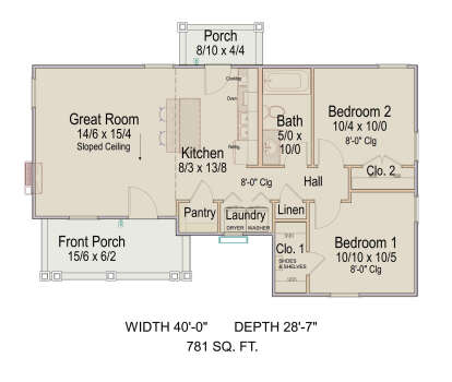 Main Floor: 2BR, 1BA, Kitchen, Great Room with sloped ceiling, Pantry, Ldry, 2 Porches, Linen & 2 bedroom closets. House Plan # 8292-00051 Main Floor  Floor Plan Drawing by America's Best House Plans, Inc.