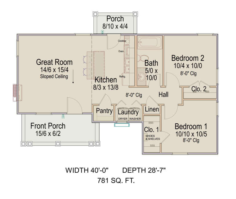 Main Floor: 2BR, 1BA, Kitchen, Great Room with sloped ceiling, Pantry, Ldry, 2 Porches, Linen & 2 bedroom closets. House Plan # 8292-00051 Main Floor  Floor Plan Drawing by America's Best House Plans, Inc.