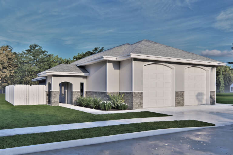 Grey Traditional, Angled Front Elevation, stucco and stone siding, two arched garage doors, white fence, green landscaping. House Plan # 7140-00006 Digital Rendering by America's Best House Plans, Inc.