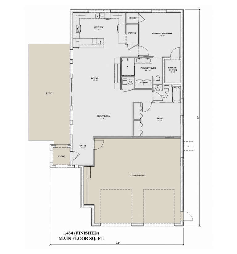Main Floor: 2BR, 2BA, Kitchen, Dining, Great Room, Pantry, Ldry, 2-car garage, Patio, Stoop. WIC in Primary. Unheated: Patio. House Plan # 7140-00006 Main Floor  Floor Plan Drawing by America's Best House Plans, Inc.