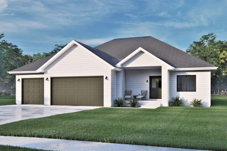 White Modern Farmhouse, Angled Front Elevation, horizontal siding, dark garage doors, porch seating, and black fixtures. House Plan # 7140-00007 Digital Rendering by America's Best House Plans, Inc.