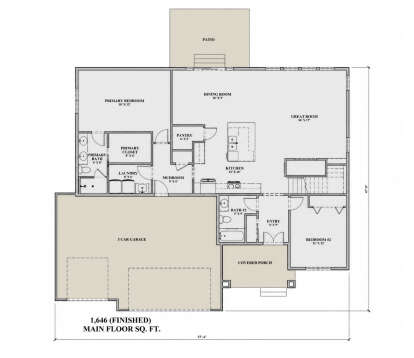 Main Floor: 2BR, 2BA, Great Room, Dining, Kitchen, Pantry, Mudroom, Ldry, 3-car garage, Covered Porch, Patio, Stairs, WIC. House Plan # 7140-00007 Main Floor  Floor Plan Drawing by America's Best House Plans, Inc.