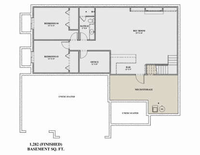 Basement: 2BR, 1BA, Rec Room, Bar, Office, Stairs. Unheated: Mech/Storage, Unexcavated areas. 1,282 finished sq. ft. House Plan # 7140-00007 Basement Floor Plan Drawing by America's Best House Plans, Inc.