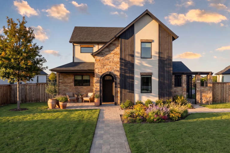 Cream French Country Front Elevation, stone and vertical siding, arched entryway, paved patio, lush garden, sunset sky. House Plan # 5460-00020 Digital Rendering by America's Best House Plans, Inc.