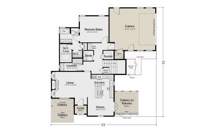 Main Floor: 1BR, 1.5BA, Living, Kitchen, Dining, Ldry, Pantry, 2-car garage, WIC, stairs, gas fireplace, 2 terraces. House Plan # 5460-00020 Main Floor  Floor Plan Drawing by America's Best House Plans, Inc.