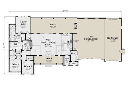Main Floor: 3BR, 2.5BA, Vltd Family/Dining, Kitchen, Pantry, Ldry, Mud, 2 WIC. 2-Car/RV Garage, 2 Porches, Fireplace. House Plan # 009-00531 Main Floor  Floor Plan Drawing by America's Best House Plans, Inc.