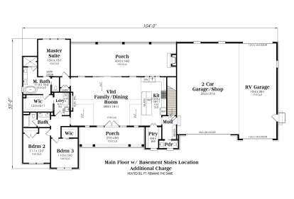 3BR, 2.5BA, Vlt Family/Dining, Kit, Ptry, Ldry, Mud, 3-car garage/shop, 2 Porches, 2 WIC, Fpl, Stairs. Main Floor w/ Basement. House Plan # 009-00531 Main Floor w/ Basement Stairs Location Floor Plan Drawing by America's Best House Plans, Inc.