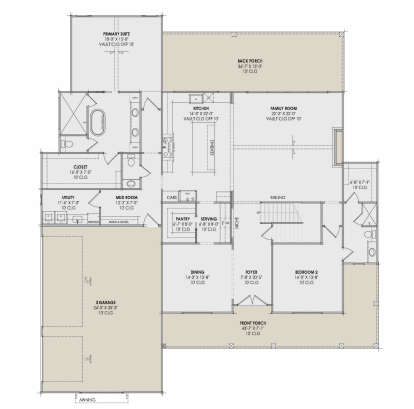 Main Floor: 2BR, 2.5BA, Kitchen, Dining, Family, Foyer, Ldry, Mud, Pantry, 3-car garage, 2 Porches, WIC. Vaulted ceilings. House Plan # 7983-00203 Main Floor  Floor Plan Drawing by America's Best House Plans, Inc.
