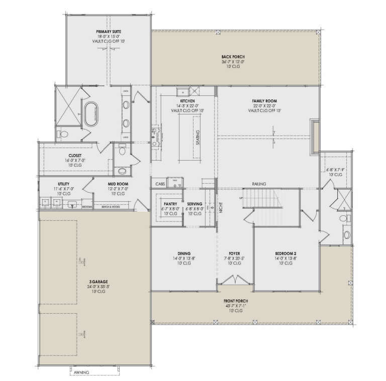 Main Floor: 2BR, 2.5BA, Kitchen, Dining, Family, Foyer, Ldry, Mud, Pantry, 3-car garage, 2 Porches, WIC. Vaulted ceilings. House Plan # 7983-00203 Main Floor  Floor Plan Drawing by America's Best House Plans, Inc.