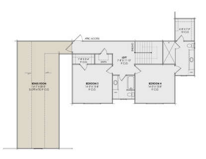 Second Floor: 2BR, 2BA, Loft, Bonus Room (sloped ceiling), stairs, attic access, linen closets. 9' ceilings throughout. House Plan # 7983-00203 Second Floor Floor Plan Drawing by America's Best House Plans, Inc.