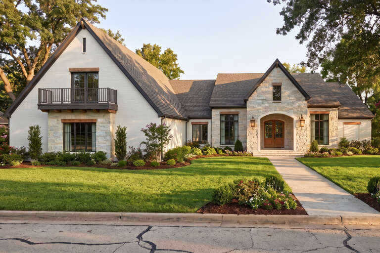 White brick and stone, Front Elevation, wood accents, balcony, lantern lighting, lush landscaping, and concrete walkway. House Plan # 8318-00504 Digital Rendering by America's Best House Plans, Inc.