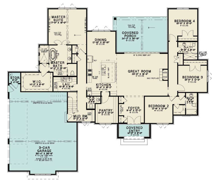 Main Floor: 4BR, 3BA, Great Rm w/ fireplace, Kitchen, Dining, Pantry, Mud Rm, 3-car garage, 2 covered porches, vaulted. House Plan # 8318-00504 Main Floor  Floor Plan Drawing by America's Best House Plans, Inc.