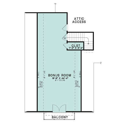 Bonus Room, Closet, Stairs, Balcony, Attic access. Sloped ceilings, 8'-1" ceiling height. House Plan # 8318-00504 Bonus Room Floor Plan Drawing by America's Best House Plans, Inc.