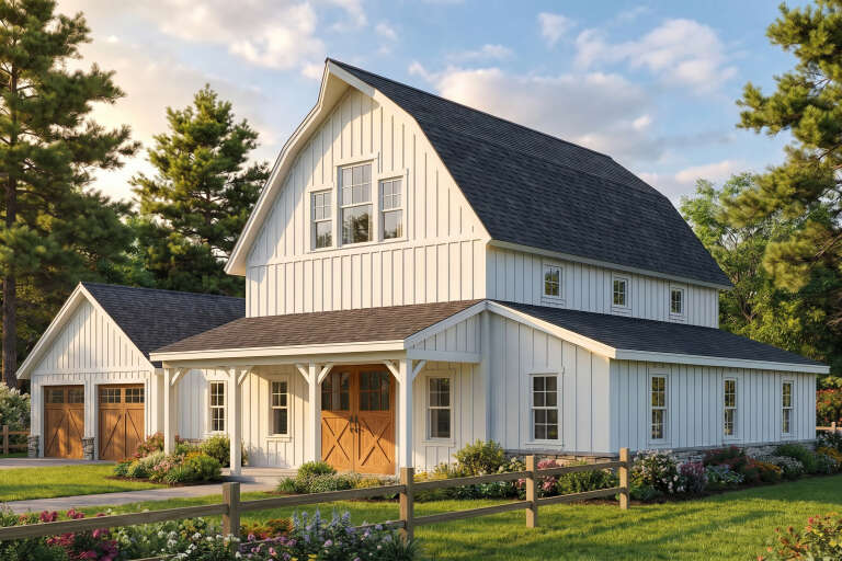 White Modern Farmhouse, Angled Front Elevation, board-and-batten siding, stone base, wood doors, and lush landscaping. House Plan # 8318-00505 Digital Rendering by America's Best House Plans, Inc.