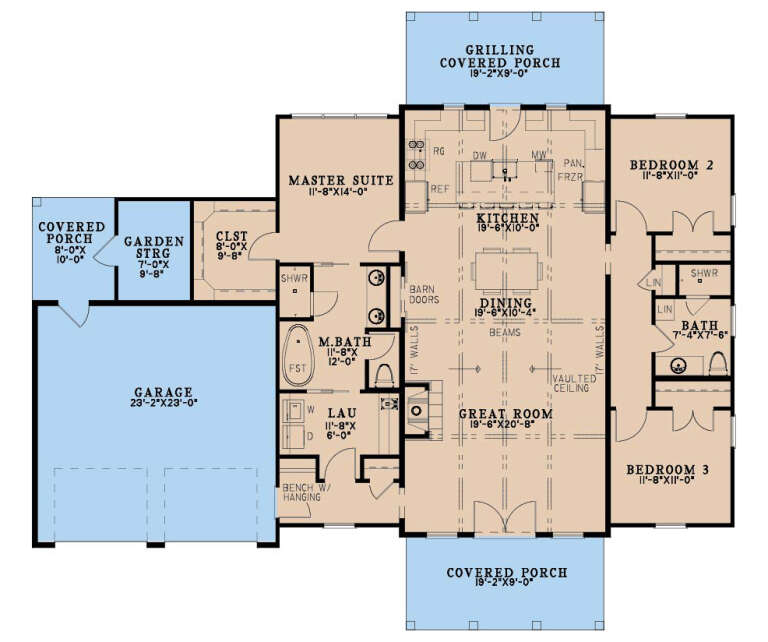 Main Floor: 3BR, 2BA, Vaulted Great Room, Kitchen, Dining, Ldry, 2-car garage, 2 covered porches, garden storage, WIC. House Plan # 8318-00505 Main Floor  Floor Plan Drawing by America's Best House Plans, Inc.