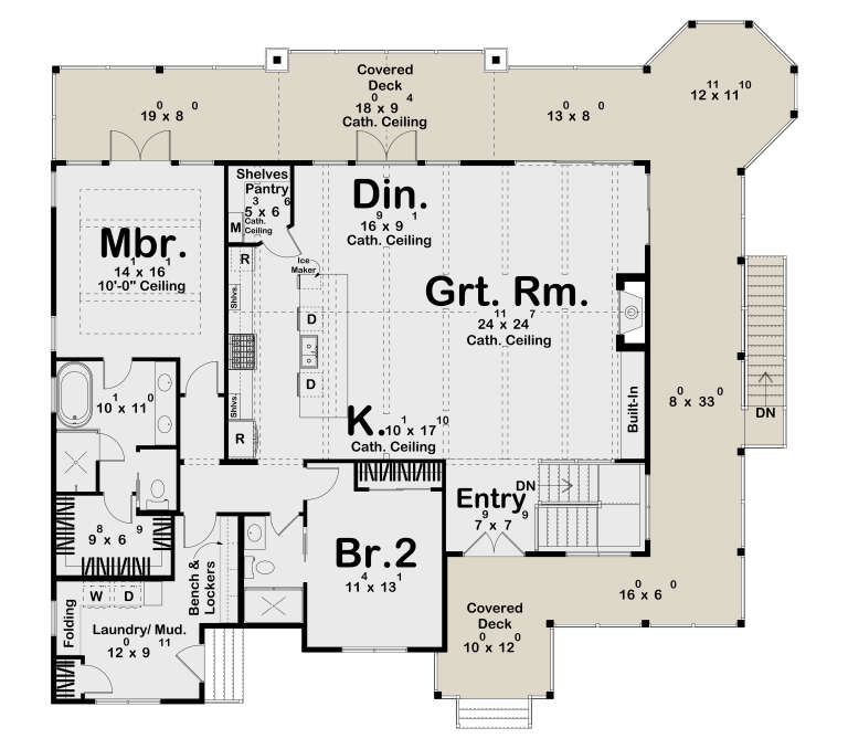Main Floor: 2BR, 2BA, Grt Rm, Kitchen, Dining, Entry, Ldry/Mud, WIC, Pantry. Cath. ceilings, fireplace, 2 covered decks. House Plan # 963-01319 Main Floor Floor Plan Drawing by America's Best House Plans, Inc.