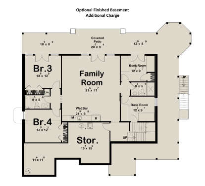 Basement: 2 BR, 2 Bunk Rooms, 1 BA, Family Room, Wet Bar, Storage, Stairs. Covered Patio. Unheated: Patio area. House Plan # 963-01319 Basement Floor Plan Drawing by America's Best House Plans, Inc.