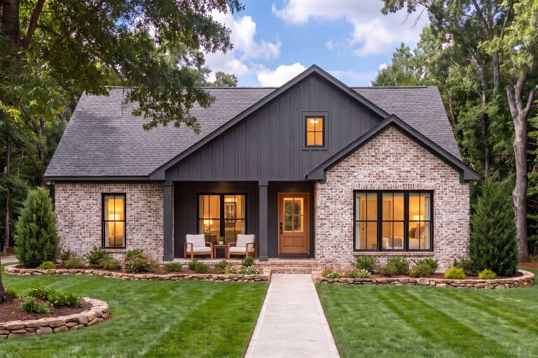 White Modern Farmhouse, Front Elevation, board-and-batten, brick, wooden posts, natural wood door, stone garden beds. House Plan # 041-00452 Digital Rendering by America's Best House Plans, Inc.