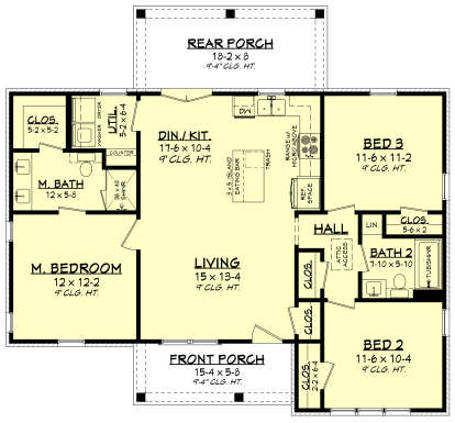 Main Floor: 3BR, 2BA, Living, Din/Kit, Ldry, 3 Closets, 2 Porches. 9' ceilings throughout. Unheated: Front/Rear Porches. House Plan # 041-00452 Main Floor Floor Plan Drawing by America's Best House Plans, Inc.