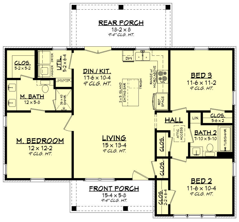 Main Floor: 3BR, 2BA, Living, Din/Kit, Ldry, 3 Closets, 2 Porches. 9' ceilings throughout. Unheated: Front/Rear Porches. House Plan # 041-00452 Main Floor Floor Plan Drawing by America's Best House Plans, Inc.