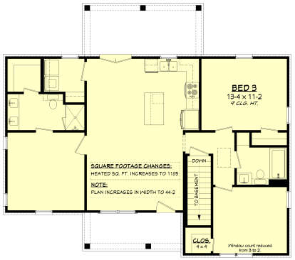 Main Floor w/ Basement Stairs: 1BR, 2BA, Kitchen, Living, Ldry, WIC, 4x4 Closet. Unheated: Front Porch, Rear Deck. 9' Clg. House Plan # 041-00452 Main Floor w/ Basement Stairs Location Floor Plan Drawing by America's Best House Plans, Inc.