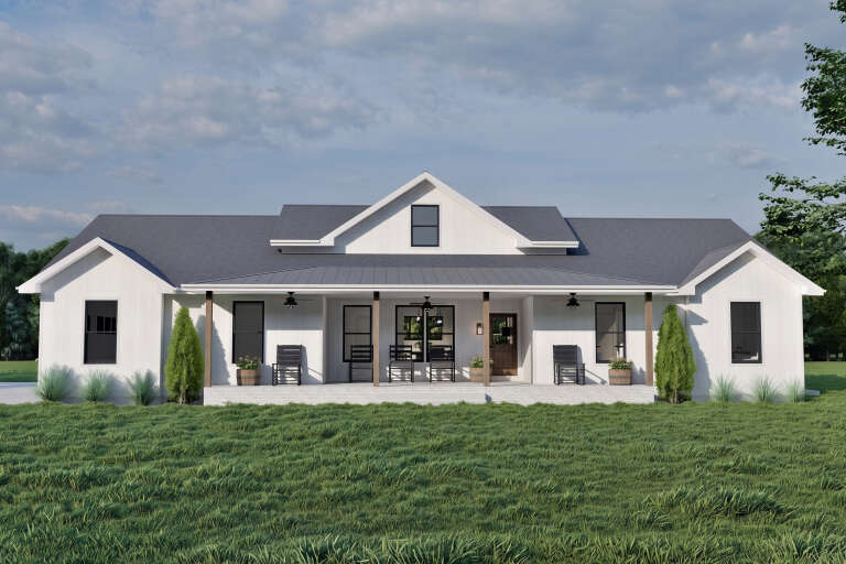 White Modern Farmhouse, Front Elevation, vertical siding, metal roof, wood posts, porch rockers, and manicured landscaping. House Plan # 7140-00008 Digital Rendering by America's Best House Plans, Inc.