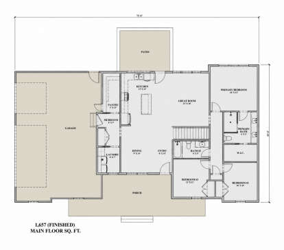 Main Floor: 3BR, 2BA, Great Room, Kitchen, Dining, Entry, Ldry, Mudroom, Pantry, WIC. 2-car garage, Patio, Porch, Stairs. House Plan # 7140-00008 Main Floor Floor Plan Drawing by America's Best House Plans, Inc.